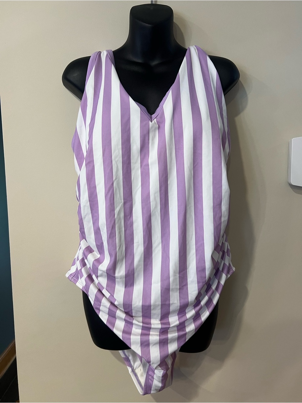 Kona Sol Lavender and White Striped V-Neck swimsuit